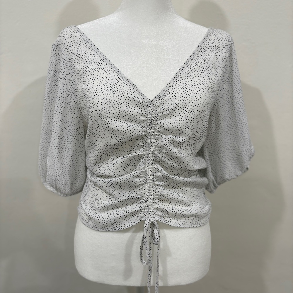 White and Black Flutter Sleeve Crop Ruched Blouse